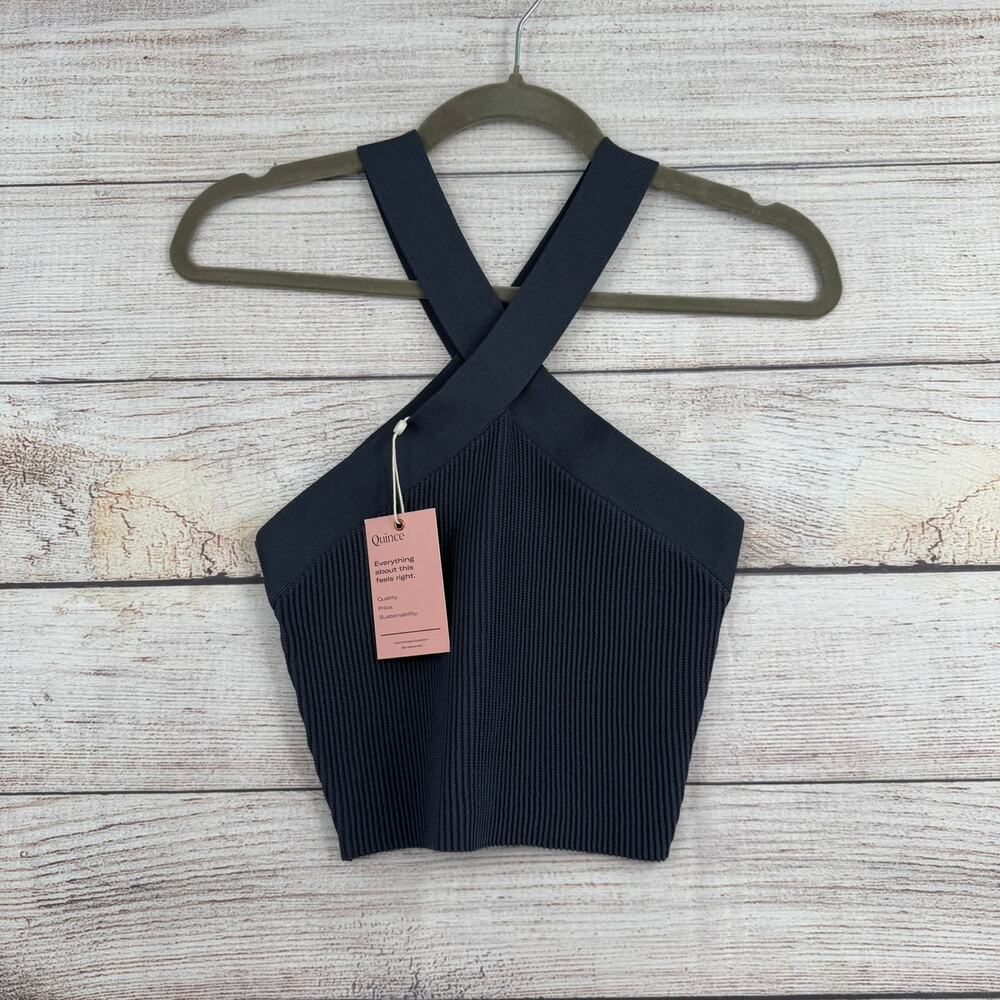 Quince Ribbed Nylon Blend Criss Cross Crop Top Womens XS Gray NEW